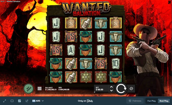 A screenshot of the "Wanted Salvation" slot game on Stake.com shows a gameplay moment with the balance at $1,463,983.51 ARS, win of $304,040.00, and bet of $88.00, featuring multiple "VS" symbols aligned across the reels—matching the player's excitement about landing triple VS combos during a $20 ARS bonus buy on a smaller bet.