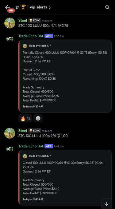 A Discord chat screenshot from the 'vip-alerts' channel showing trade alerts from user 'Steel' about LULU stock trades, including details on partially closed and fully closed positions with profit summaries.