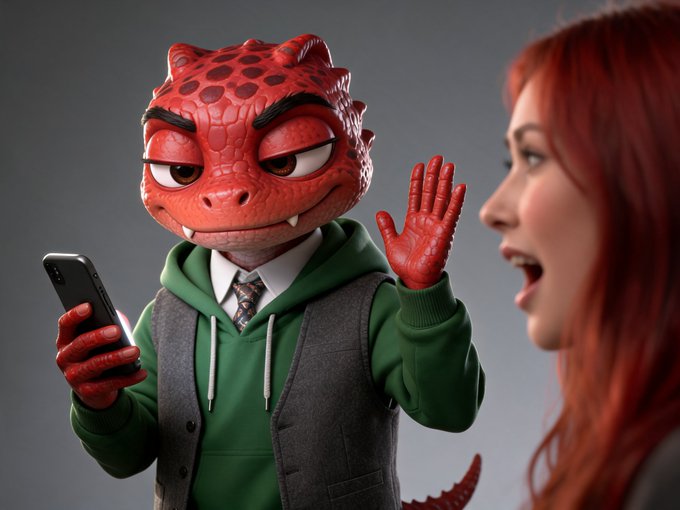 A 3D rendered image showing a red lizard-like character wearing a green hoodie, gray vest, white shirt, and tie, holding a smartphone and raising a hand toward a red-haired woman.