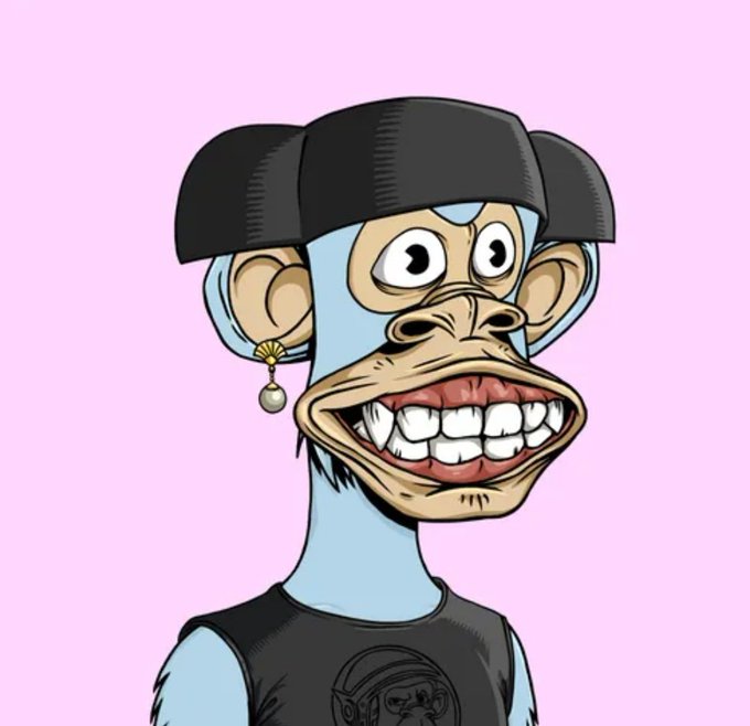 A cartoon illustration of a light blue monkey character wearing a black durag, a pearl earring, and a black shirt against a pink background.