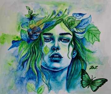 A watercolor painting of a woman's face surrounded by green leaves, butterflies, and blue floral elements, with "2021" signed in the corner.