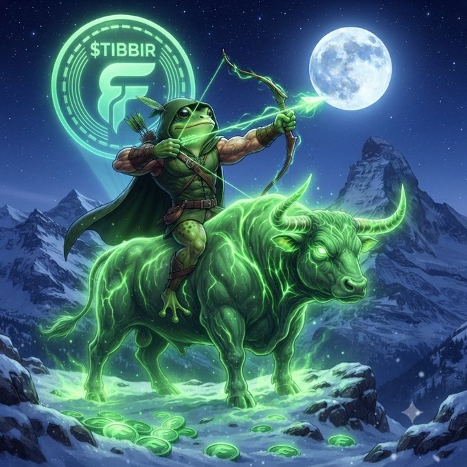 A fantasy illustration depicts a green frog archer drawing a glowing green bow while riding a glowing green spectral bull across a snowy mountain landscape at night. A large full moon illuminates the background, and a glowing green circular emblem with the text "$TIBBIR" appears in the upper left, with glowing green coins scattered on the snowy ground below.