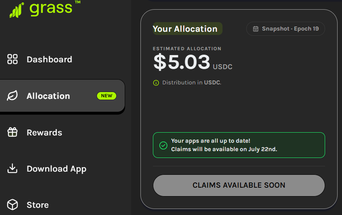 A Grass dashboard showing an estimated allocation of $5.03 USDC, with a message that apps are up to date and claims will be available on July 22nd.