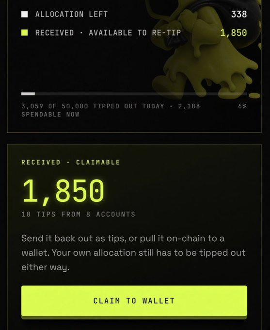 A mobile screen shows a TipFi dashboard with 1,850 received MOTION tokens (10 tips from 8 accounts) that are claimable, along with 338 allocation left and a "Claim to Wallet" button. The image illustrates the earnings and claiming process described in the post about earning $MOTION through content creation and engagement on the platform.