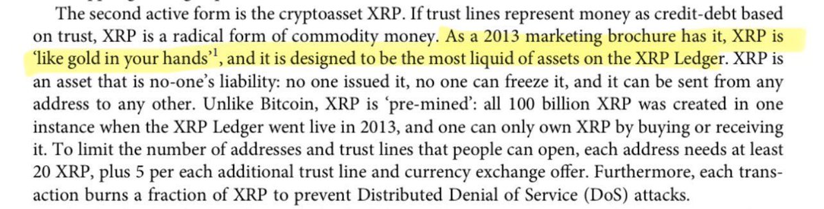The image shows a gray background with yellow text that reads "The second active form of the Cryptosket XRP if trust lines represent money as credit based on an asset that is no one issued, ... XRP is an asset that is no one issued, ... XRP is an asset that is no one issued." The post also mentions Bitcoin and XRP.