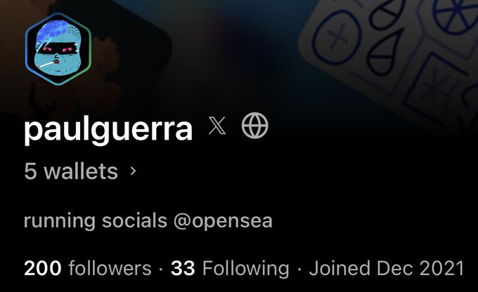 OpenSea profile page for user 'paulguerra' showing 5 wallets, 200 followers, 33 following, joined December 2021, with social media handles displayed.