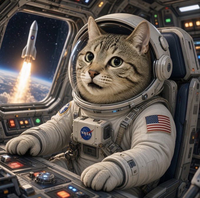 A digital artwork of a tabby cat wearing a NASA spacesuit and helmet, sitting at a spacecraft control panel with a rocket launching into space visible through the window.