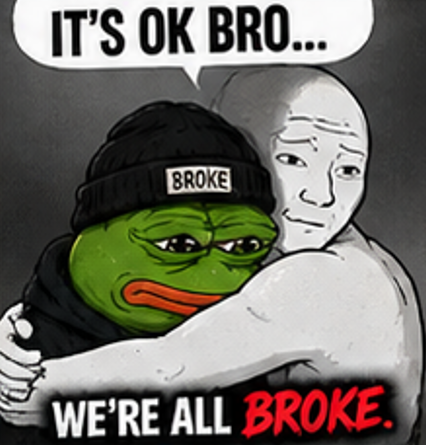 The image features the classic "Sad Pepe" and "Wojak" meme hugging, with Wojak consoling a sad Pepe wearing a beanie labeled "BROKE." The text reads "IT'S OK BRO..." at the top and "WE'RE ALL BROKE." at the bottom, humorously capturing shared financial struggle—fitting for a post referencing a memecoin contract address where participants likely invested and lost money together.
