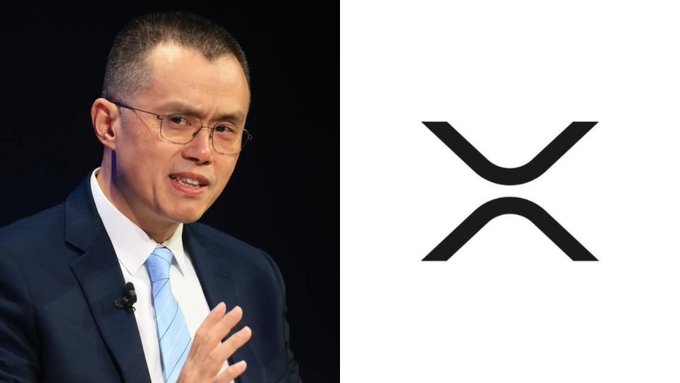 A man in a dark suit and light blue tie with glasses is speaking, shown alongside the large black XRP (Ripple) cryptocurrency logo. The accompanying post highlights a massive 663% surge in $XRP inflows into Binance, suggesting significant market activity surrounding the cryptocurrency.