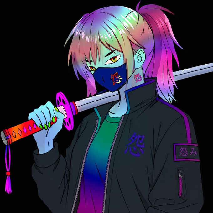 An anime-style digital illustration of a character with colorful pink and blue hair, yellow eyes, and a face mask, holding a katana with a red and pink tassel; the jacket features the Japanese character '怨' (grudge/enmity).