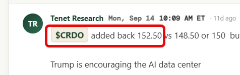 The image shows a Discord message from Tenet Research dated Sep 14 at 10:09 AM ET, highlighting "$CRDO added back 152.50" with the ticker circled in red, indicating a re-entry position. This aligns with the accompanying post celebrating a 37% gain on the $CRDO long position, noting the buy was around 152.50 versus the 150 psychological level.