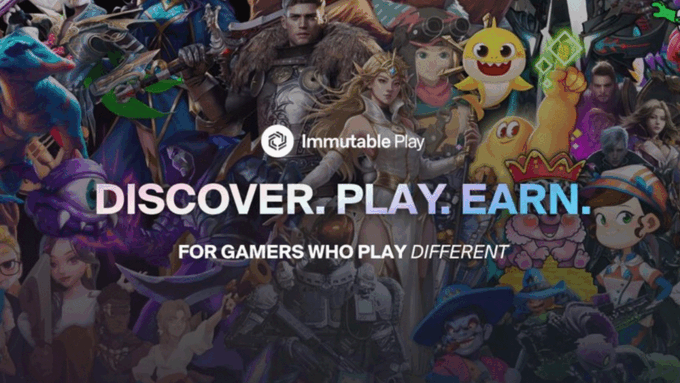 The image shows a collage of various characters, including cartoon-like figures and other game characters, all set against a brown background with white text that reads "Discover. Play. Earn." The image also includes a caption about the Immutable gaming ecosystem in the form of an article or report.