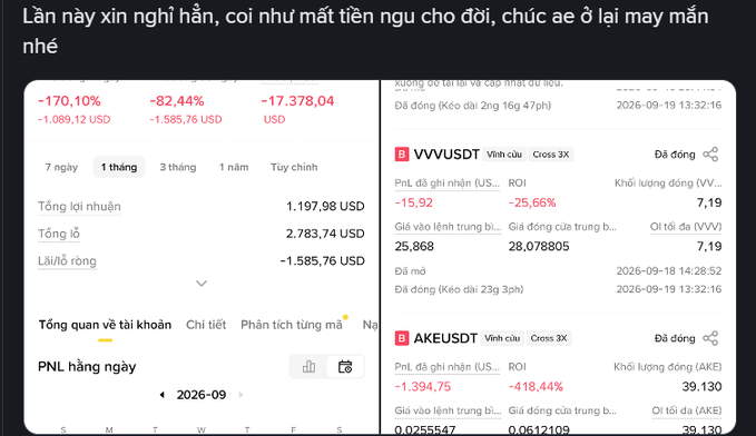 A trading app screenshot in Vietnamese shows a significant loss, with total losses around -$1,585.76 USD, and positions on VVV/USDT and AKE/USDT showing steep percentage declines.