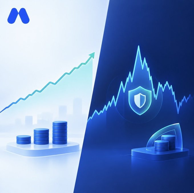 The image is a split illustration showing a growing stock chart with stacked coins on the left, contrasted with a volatile crypto chart, a security shield, and a fortified coin pile on the right—visually mirroring the post's frustration of trying (and failing) to break into traditional stock investing from Nigeria, leaving the author to retreat to the familiar but turbulent world of crypto.