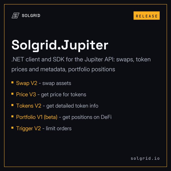 A release announcement for Solgrid.Jupiter, a .NET client and SDK for the Jupiter API on Solana, highlighting features including Swap V2 for asset swaps, Price V3 for token pricing, Tokens V2 for detailed token info, Portfolio V1 (beta) for DeFi positions, and Trigger V2 for limit orders, with the website solgrid.io shown in the corner.