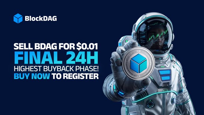 The image features a person wearing an astronaut suit holding up an object (a blue cube) above their head. The background of the image is dark blue with a website link embedded within it. Below this, there's text stating "SELL BDAG FOR $0.01 - FINAL 24 HOURS TO REGISTER FOR THE HIGHEST BUYBACK PHASE!". This post is specifically about selling BlockDAG for $0.01 and offers details on how to sell the coin after a specific event (the final 24 hours).