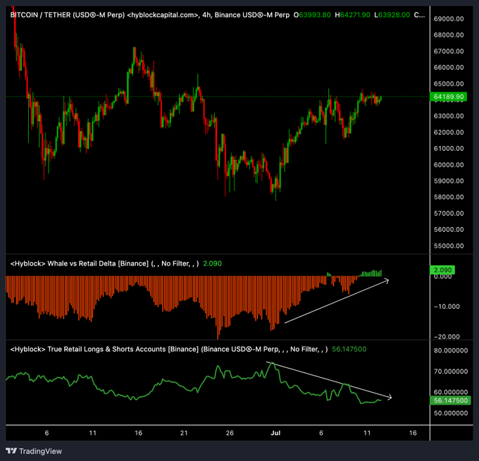 A TradingView chart of BTC/USDT on Binance (4h timeframe, ~$64,189) shows the price consolidating sideways, while the "Whale vs Retail Delta" indicator has risen from deeply negative to a neutral 2.090 and the "True Retail Longs & Shorts Accounts" indicator has declined from ~80% to 56.15%, illustrating the post's point that whales have shifted more bullish as retail accounts have reduced their long positioning.
