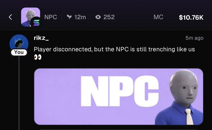 A screenshot of a Discord server named 'NPC' with a post reading 'Player disconnected, but the NPC is still trenching like us' above a large 'NPC' meme image.