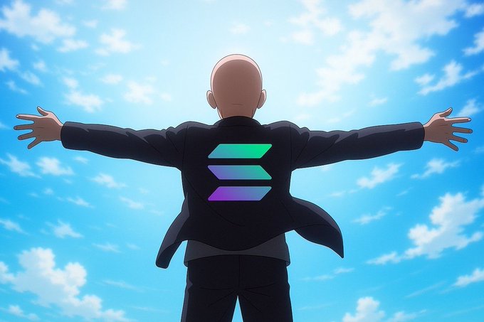 An anime character with a bald head stands with arms outstretched against a blue sky, displaying a glowing logo on the back of his jacket.