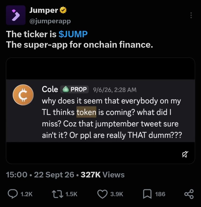 The image shows a tweet from @jumperapp confirming "The ticker is $JUMP" and declaring themselves "The super-app for onchain finance," while quoting a skeptical user named Cole asking why everyone thinks a token is coming after a September "jumptember" tweet. This post directly supports the accompanying caption by providing official confirmation of the $JUMP token launch, lending credibility to the waitlist sign-up prompt.