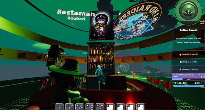 A virtual gaming lounge scene featuring a player avatar at a bar, with a 'Rastaman' NFT displayed and 'Active Games' menu on the right.