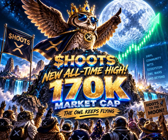 A crypto promotional graphic featuring a crowned owl with sunglasses, reading '$HOOTS NEW ALL-TIME HIGH! 170K MARKET CAP - THE OWL KEEPS FLYING' with mentions of XRP, NFT, and Owl Wars ecosystem.