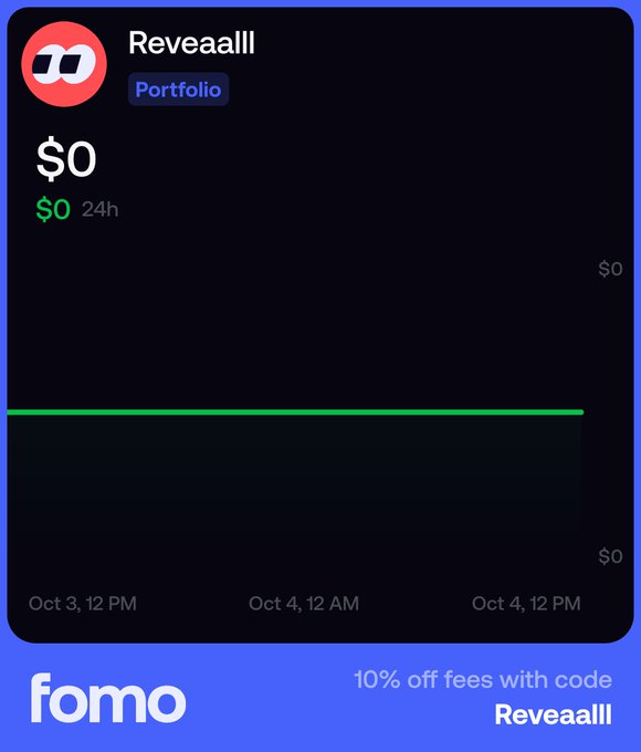 A Fomo portfolio dashboard for user 'Reveaaall' showing a $0 balance with a flat line graph, featuring a promo code 'Reveaaall' for 10% off fees.