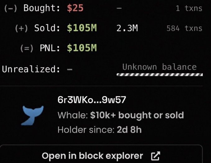 A trading interface showing a wallet address with 1 transaction buying for $25 and selling for $105M, resulting in a PNL of $105M, identified as a whale holder for 2d 8h.