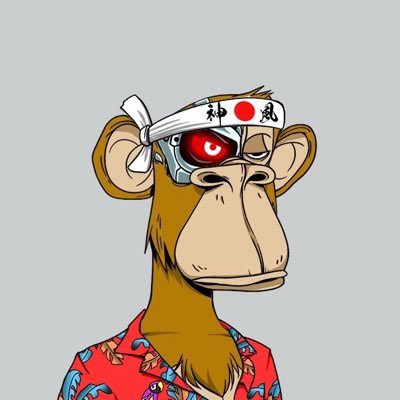 A digital cartoon illustration of a brown monkey with a cybernetic red robotic eye, wearing a white Japanese headband with a red circle and characters, and a red floral Hawaiian shirt.