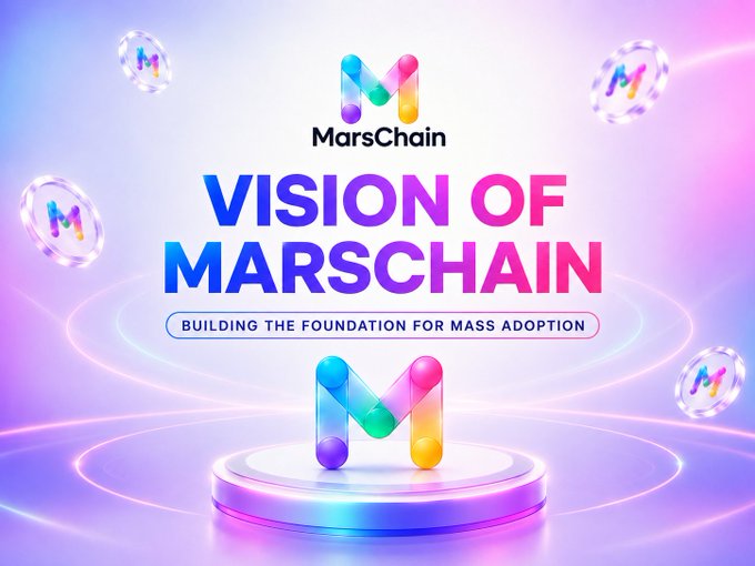 A promotional graphic for MarsChain with the text 'VISION OF MARSCHAIN — BUILDING THE FOUNDATION FOR MASS ADOPTION' featuring a colorful 3D 'M' logo.