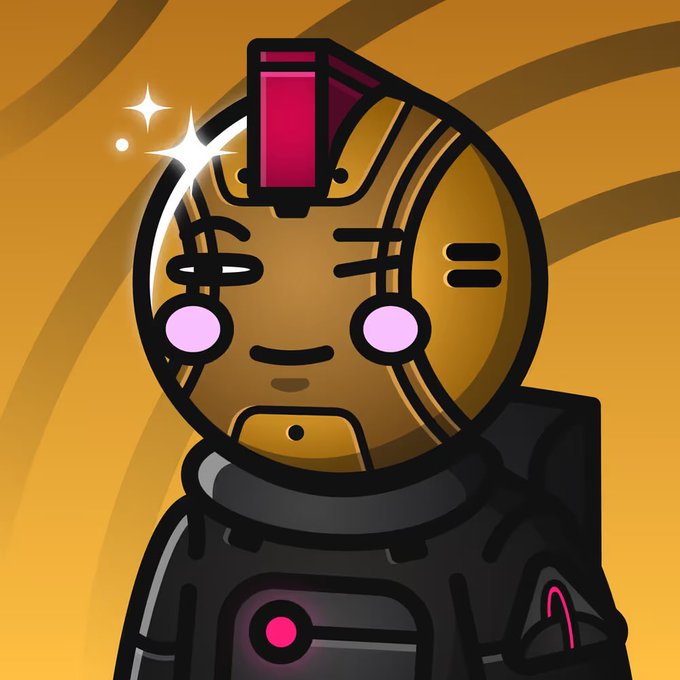 A cartoon NFT character with a gold coin-shaped face featuring a pink mohawk, pink cheeks, and stitches, wearing a black robotic suit against a swirling orange background.