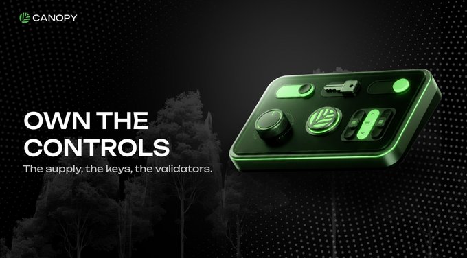 A dark promotional graphic for 'CANOPY' with the tagline 'OWN THE CONTROLS - The supply, the keys, the validators.' featuring a green illuminated control device with various buttons, switches, and a USB port.