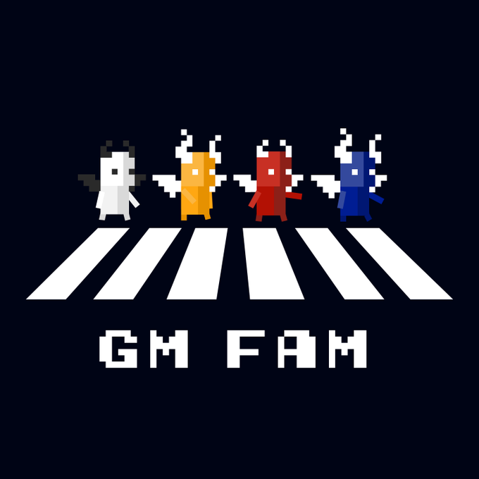 A pixel art parody of the Beatles' Abbey Road album cover, featuring four small character figures in different colors crossing a zebra crossing, with the text 'GM FAM' displayed below.