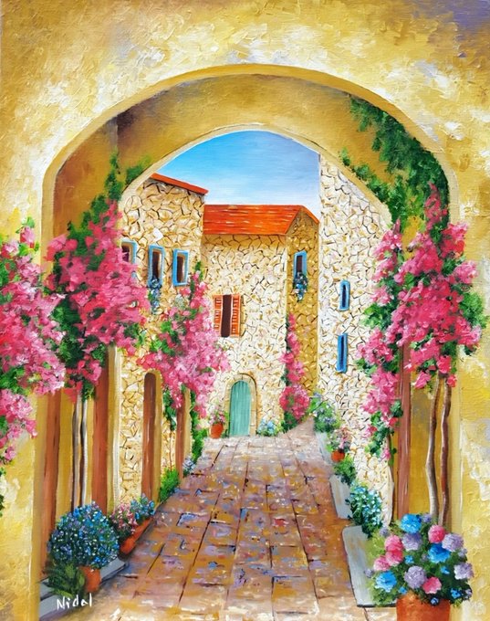 A colorful painting depicting a Mediterranean-style stone courtyard with pink bougainvillea flowers, framed by a yellow archway, with the artist's signature 'Nidel' visible in the corner.