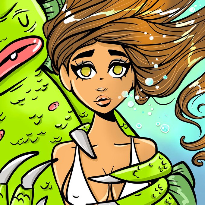 A digital illustration of a brown-haired anime-style girl with yellow eyes next to a green dragon-like creature, set against a blue underwater background with bubbles.
