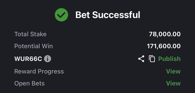 A screenshot of a successful sports bet confirmation showing a total stake of 78,000.00 with a potential win of 171,600.00 on selection WUR66C, accompanied by links for Reward Progress and Open Bets. The post advises caution with the high-stake wager, suggesting the bettor should "stake wisely" despite the confidence implied by the "Bet Successful" confirmation.