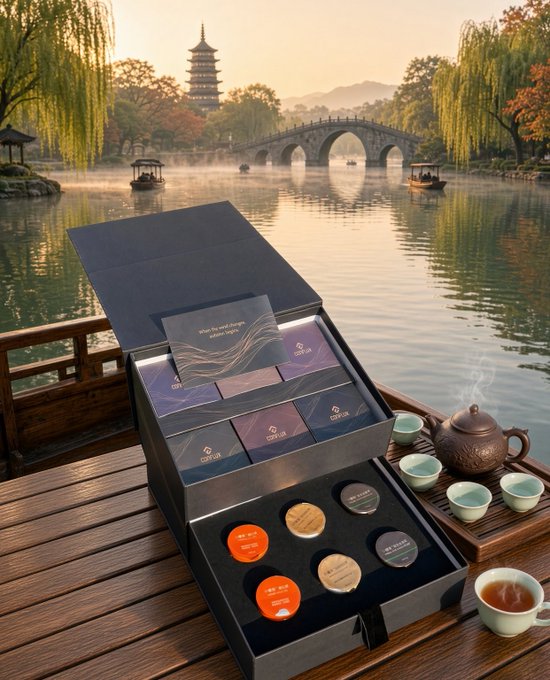 A luxurious mooncake gift box sits on a wooden dock beside a steaming teapot and jade cups, set against a serene Chinese lake scene featuring a pagoda and stone arch bridge at sunset. The box displays "Happy Mid-Autumn Festival" with the Conflux logo, promoting a festive giveaway for the Conflux community to celebrate the holiday.