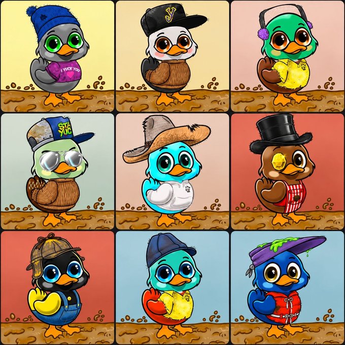 A 3x3 grid of nine cartoon ducks wearing various hats and outfits, including beanies, cowboy hats, and top hats, displayed against pastel backgrounds.