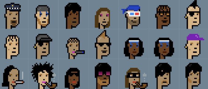 A grid of pixel art character portraits showing various people with different hairstyles, accessories (including sunglasses and headbands), and features.