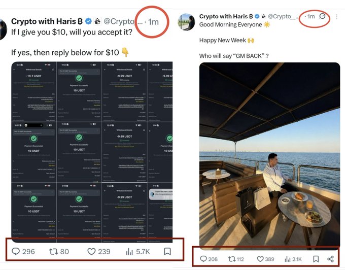 The image shows two posts on a social media site. The first post displays various text blocks including an invitation for users to "if you give $10 will accept it", while the second post features a photo of people enjoying their time at a boat party. One of the tags in both posts is related to cryptocurrency, but other details are not visible in the image itself. 

The main focus of the image is on the two posts and the related conversation about cryptocurrency. As for the relationship between the image and the post titled "My account is the only account in Crypto Twitter that is getting more than 200 replies, 100 reposts, and 5k impressions in just 1 min", it can be inferred that the content of both posts are related to discussions or promotions involving the use of cryptocurrency.
