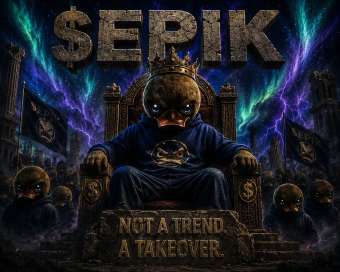 A digital illustration features a crowned, masked character sitting on a throne with the name '$EPIK' above, flanked by flags, with the text 'NOT A TREND. A TAKEOVER.' inscribed on the stone base.