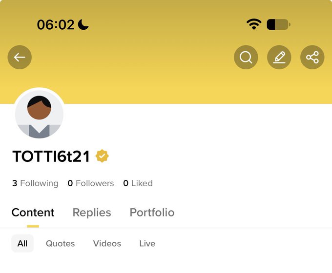 A social media profile page displays the username 'TOTTI6t21' with a verified checkmark, showing 3 Following, 0 Followers, and 0 Liked, with navigation tabs for Content, Replies, and Portfolio.