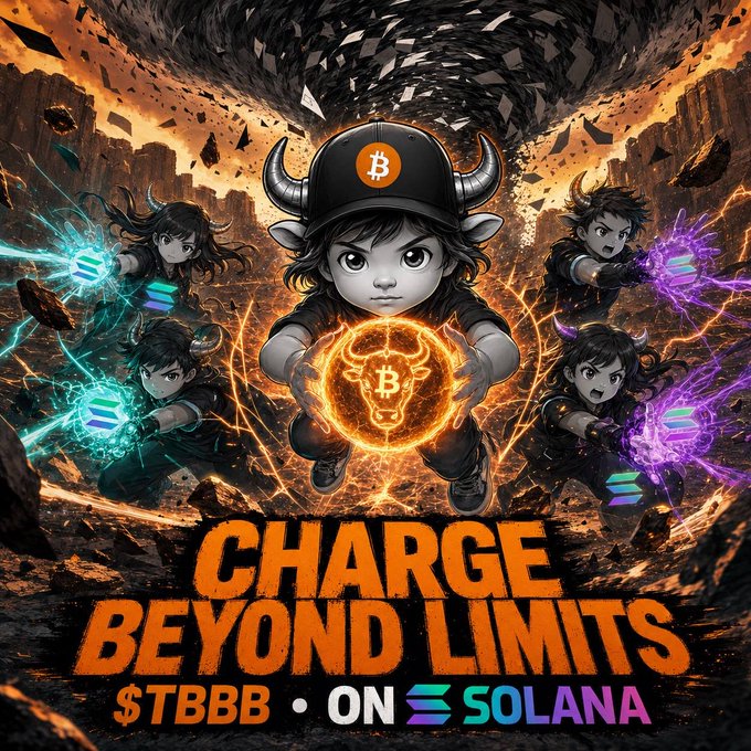 A promotional graphic for the token $TBBB on the Solana blockchain, featuring a horned anime character holding a Bitcoin orb with the text 'CHARGE BEYOND LIMITS'.