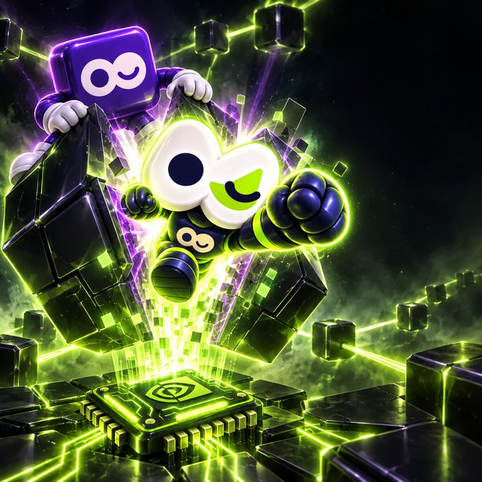 A vibrant, futuristic 3D-rendered character with a purple cube-shaped head bursts through glowing green neon cubes, emerging from a circuit board base. The dynamic, tech-themed illustration visually represents the innovative energy of a blockchain/Web3 project led by a young CTO, as mentioned in the post inviting viewers to learn more.