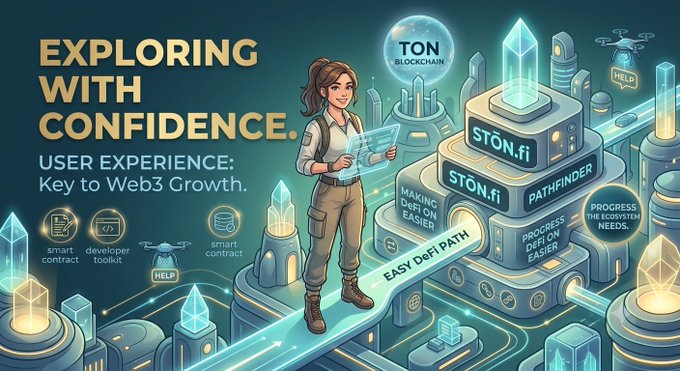 A promotional graphic titled 'EXPLORING WITH CONFIDENCE' about Web3 user experience, featuring an explorer character alongside STON.fi and TON Blockchain branding, highlighting tools like smart contract, developer toolkit, and DeFi paths.