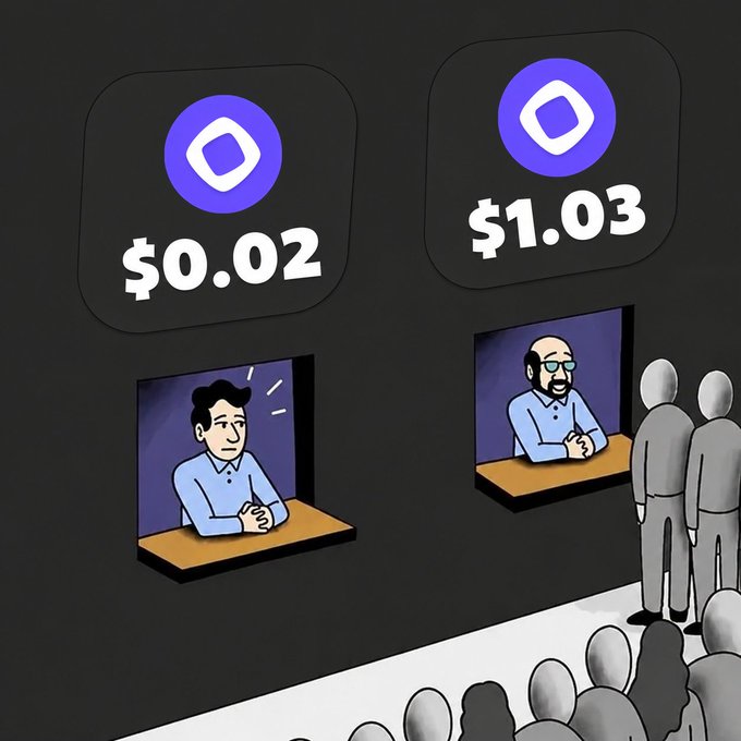A satirical image showing two portrait displays with the Monad (MON) logo above two men at desks—one priced at $0.02 (appearing anxious) and the other at $1.03 (appearing composed)—while generic figure silhouettes face them, mocking the "Believe In Something" slogan associated with the $MON token.