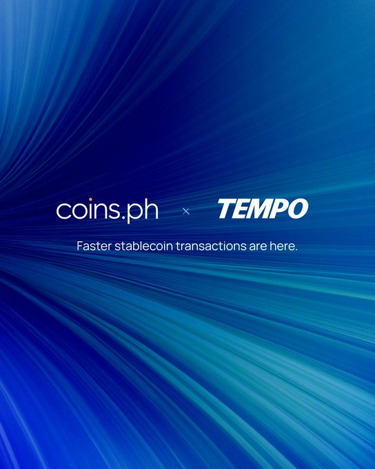 A promotional graphic featuring the "coins.ph" and "TEMPO" logos side-by-side on a dynamic blue streaked background, with the tagline "Faster stablecoin transactions are here." below, visually announcing the partnership for enhanced stablecoin deposits and withdrawals with sub-second settlement.