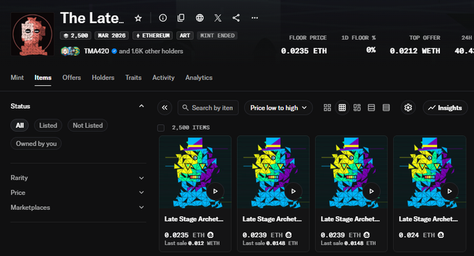 An NFT marketplace listing page for the collection 'The Late..' on Ethereum showing 2,500 items with a floor price of 0.0235 ETH and featuring colorful, abstract 'Late Stage Architect...' digital art pieces.