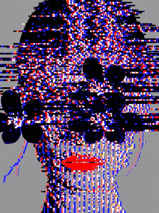 A pixelated, glitch-style portrait of a figure adorned with dark flowers and bright red lips against a gray background, rendered in fragmented red, blue, and black pixels. The artwork titled "Fragments of Blooming IV" exemplifies a digital glitch aesthetic, complementing its NFT release on the objkt.com platform.