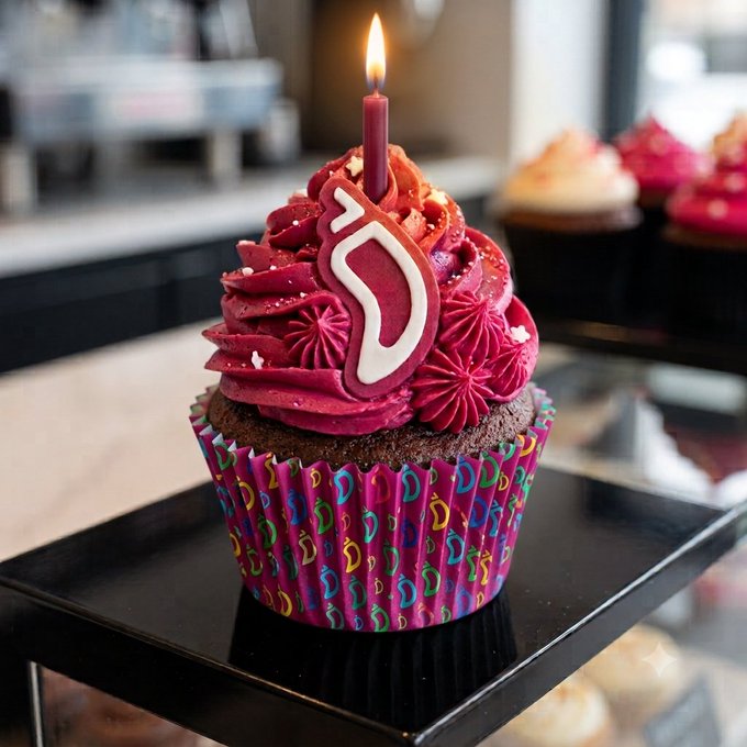 A close-up of a chocolate cupcake with pink frosting, a lit candle, and a white number '2' decoration sits in a colorful patterned wrapper, with other cupcakes visible in the blurred background.